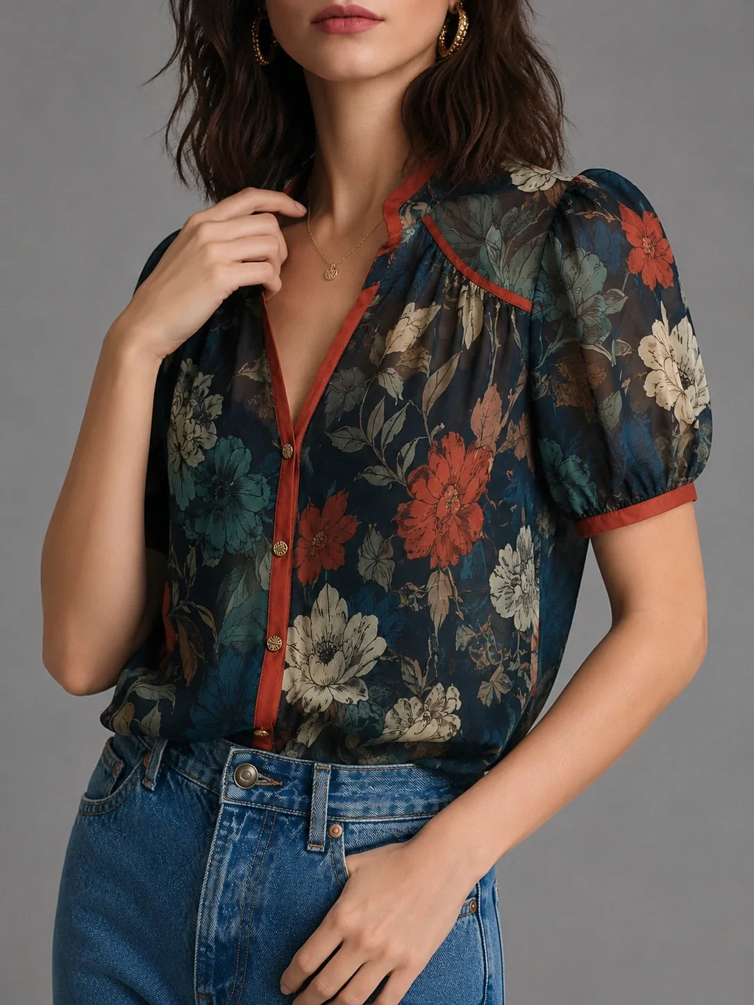 Blusa vintage con estampado botánico