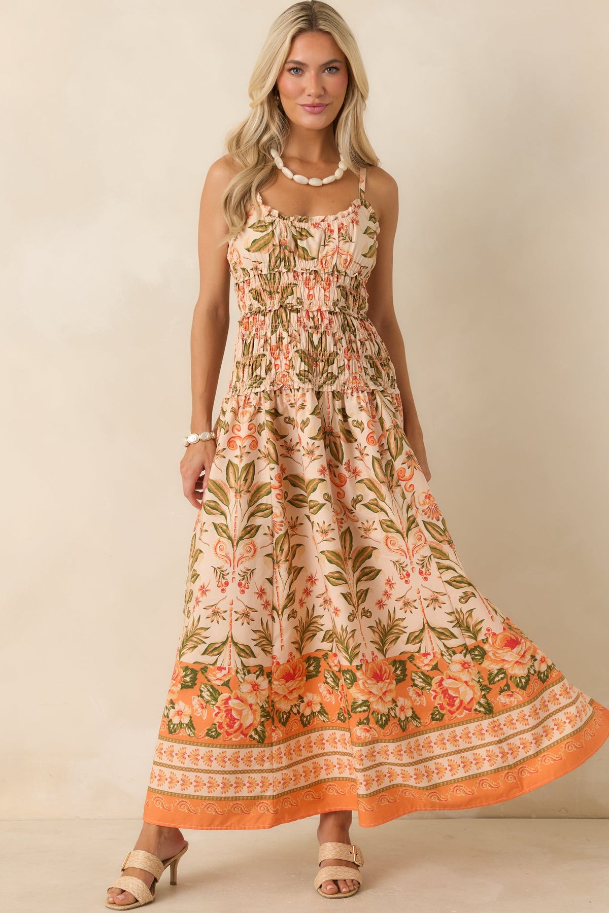 Slow Summer Vestido largo de algodón con estampado floral en tonos melocotón y verde