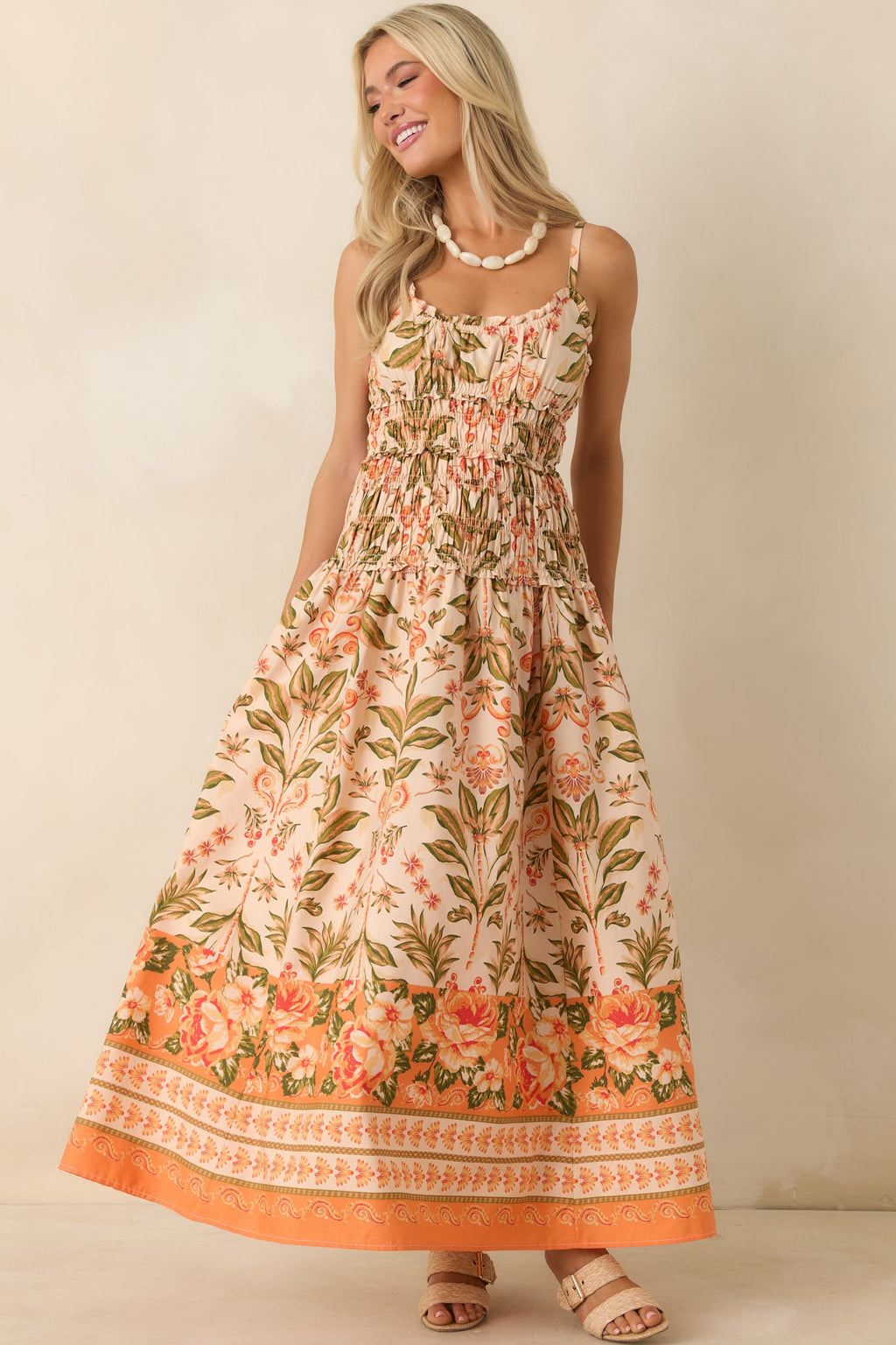 Slow Summer Vestido largo de algodón con estampado floral en tonos melocotón y verde