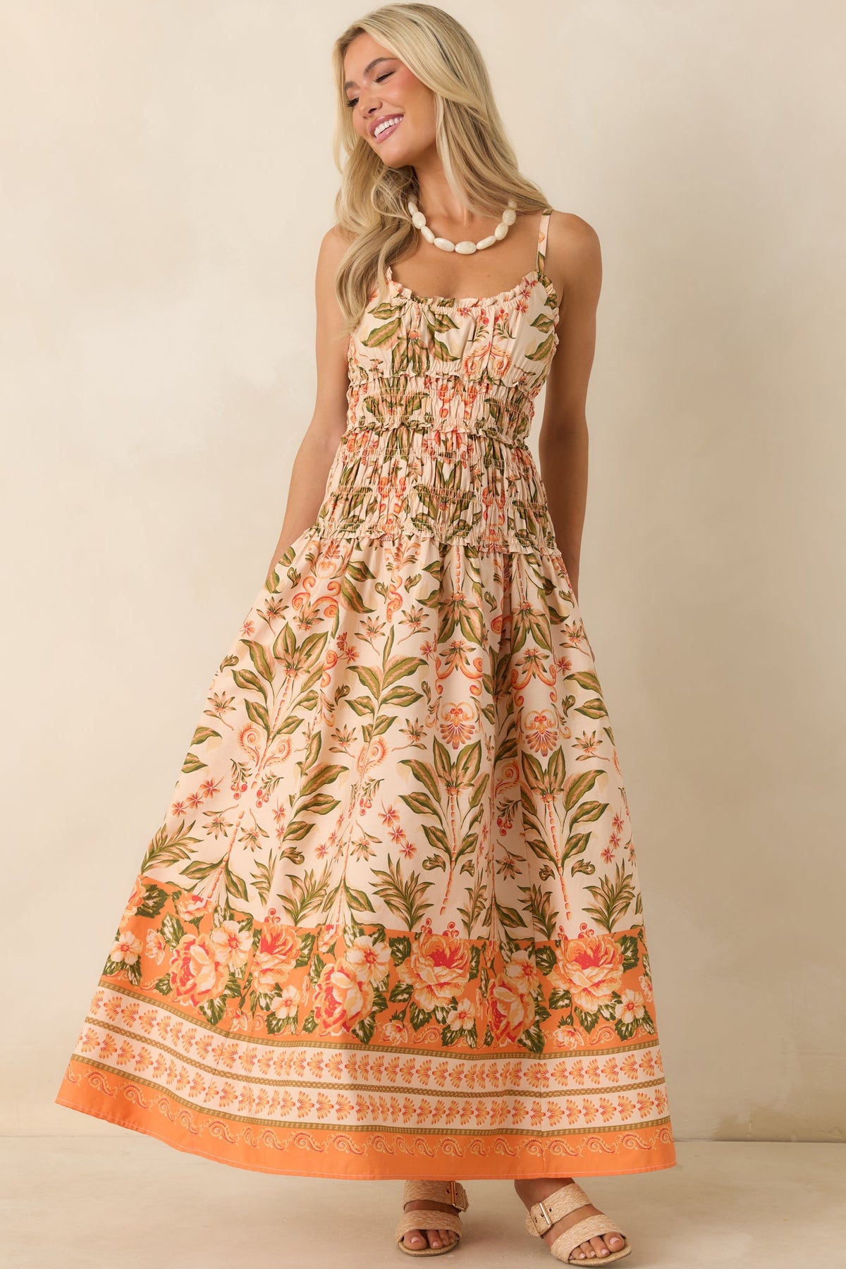 Slow Summer Vestido largo de algodón con estampado floral en tonos melocotón y verde