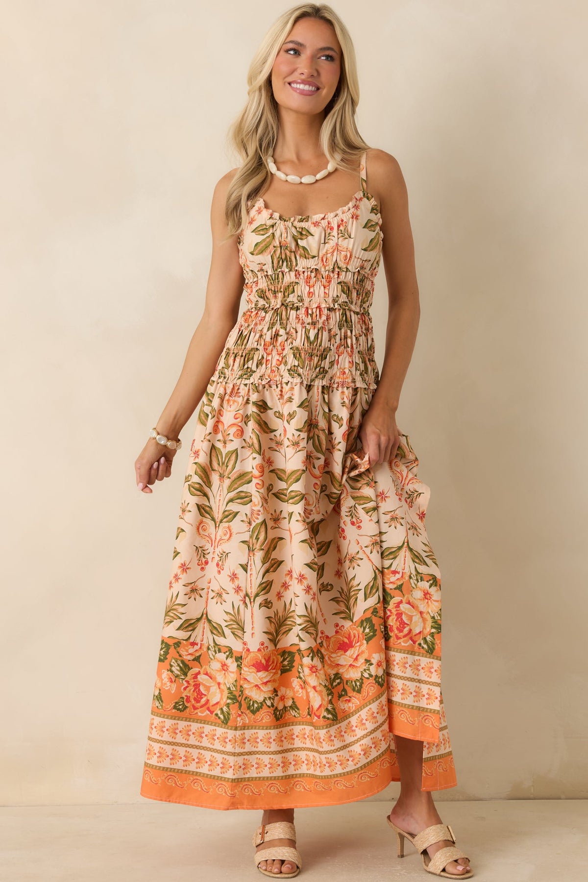 Slow Summer Vestido largo de algodón con estampado floral en tonos melocotón y verde