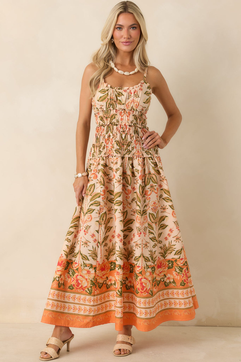 Slow Summer Vestido largo de algodón con estampado floral en tonos melocotón y verde