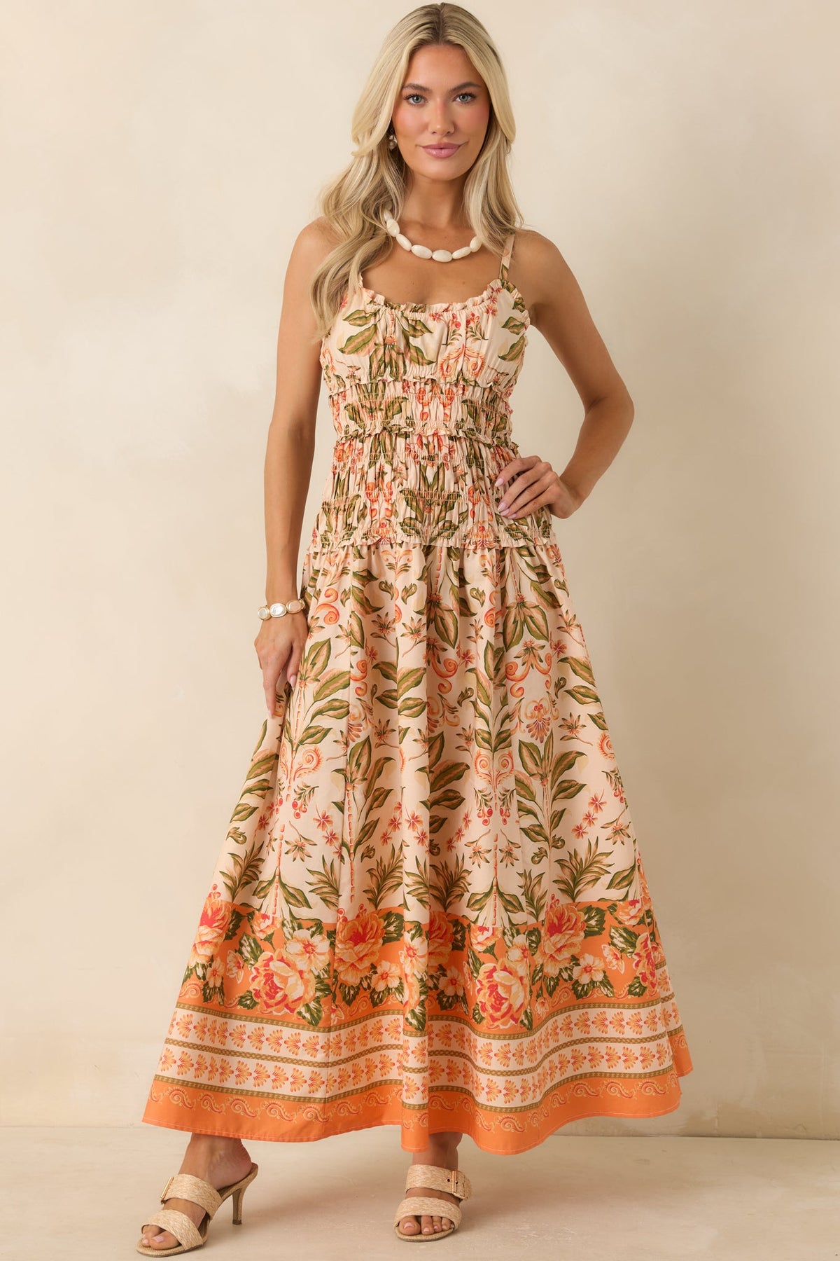 Slow Summer Vestido largo de algodón con estampado floral en tonos melocotón y verde