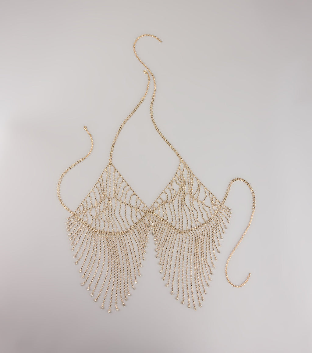 Collar de cadena para sujetador con pedrería Goddess Drip – Accesorio glamuroso de joyería corporal