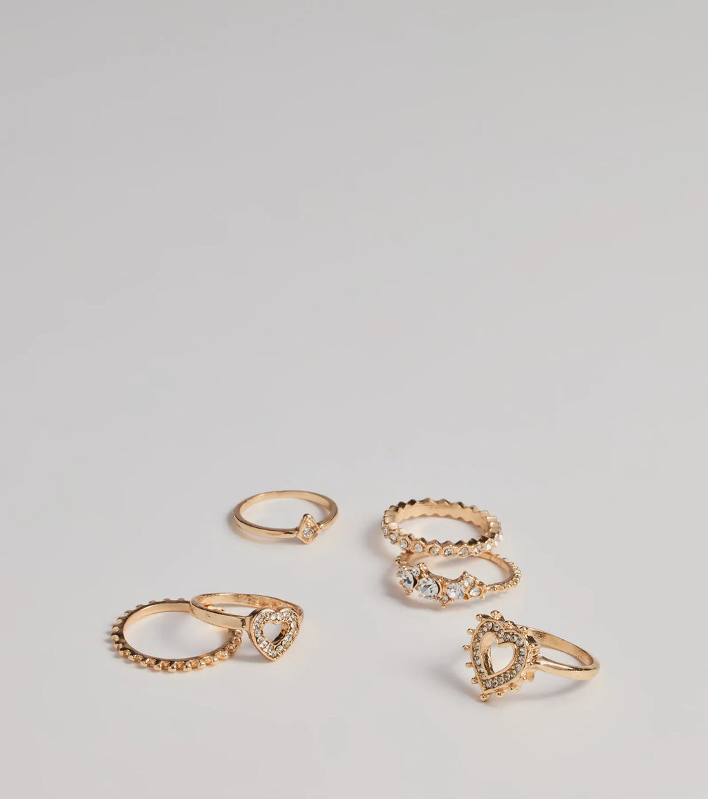 Set de seis anillos románticos con corazón y pedrería