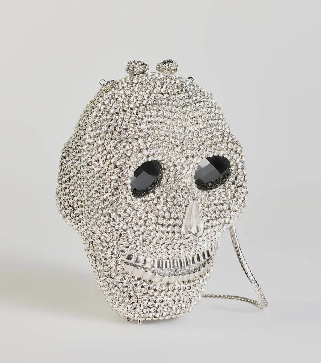 Clutch glamuroso de calavera con pedrería: bolso llamativo, espeluznante y chic