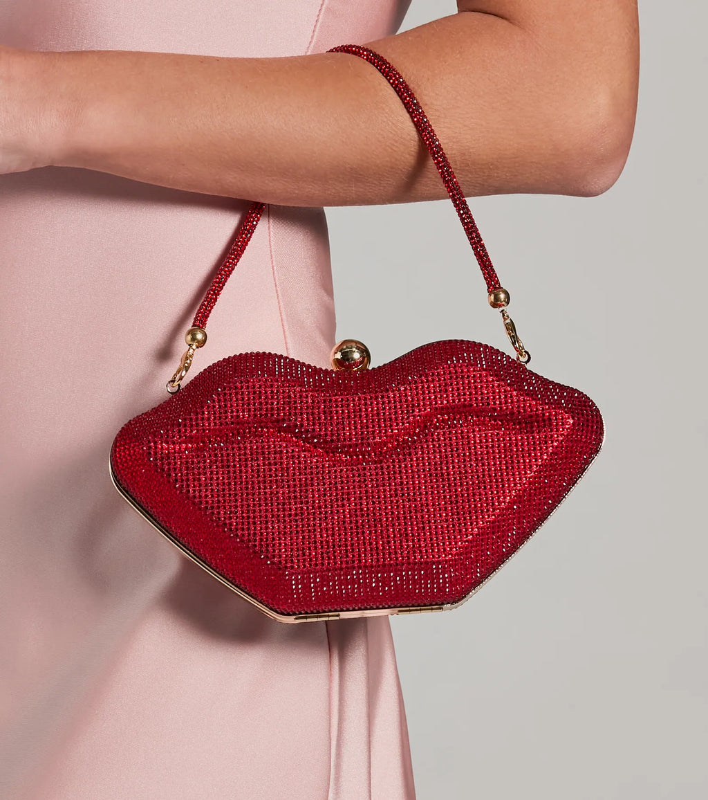 Bolso de mano con forma de labios y pedrería brillante Kiss Me