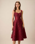 Vestido rojo de jacquard con escote corazón
