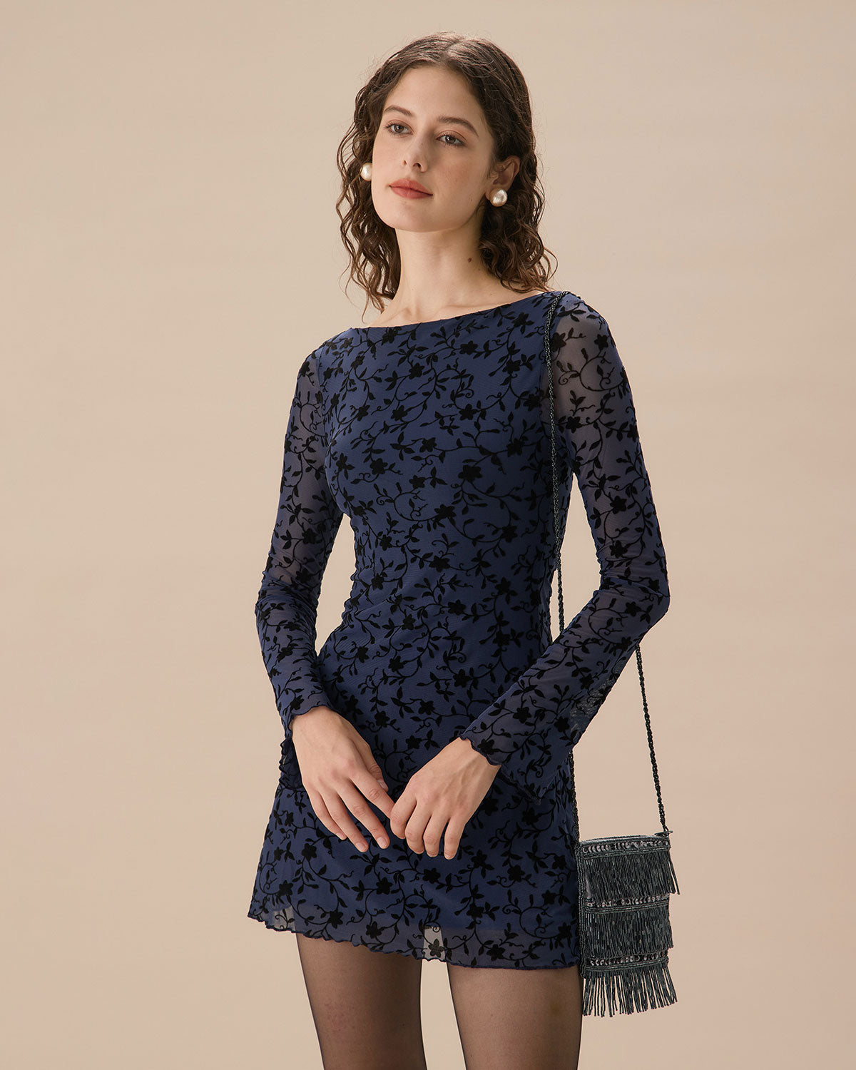 Vestido mini elegante azul transparente de manga larga para mujer