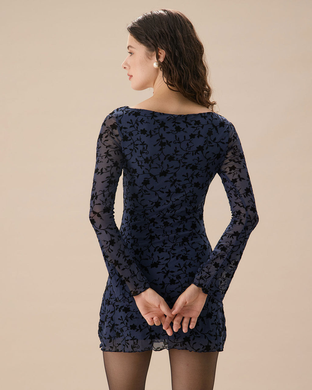 Vestido mini elegante azul transparente de manga larga para mujer