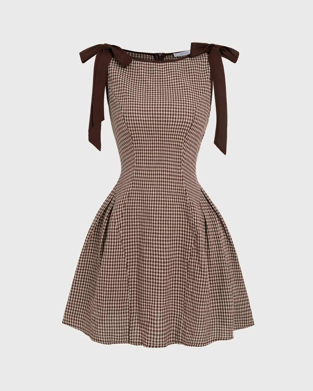 Vestido mini de cuadros vichy marrón con tirantes ajustables de lazo