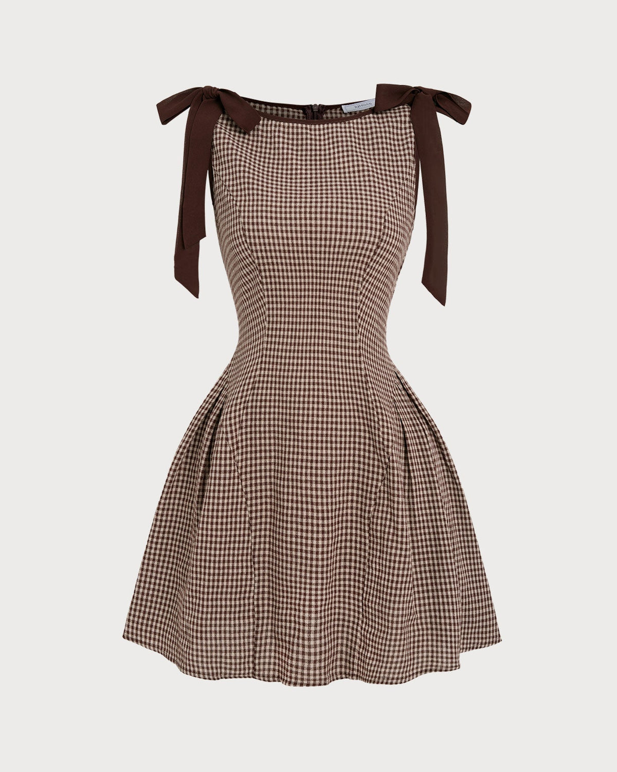 Vestido mini de cuadros vichy marrón con tirantes ajustables de lazo