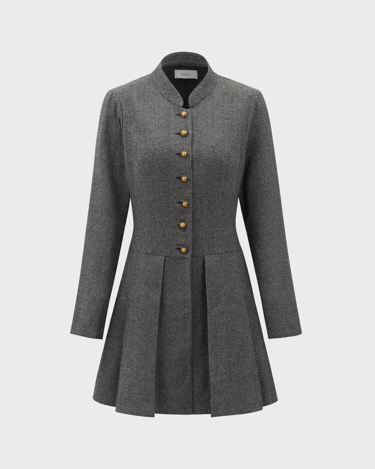 Vestido mini gris elegante, plisado y con botones delanteros