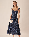 Vestido azul marino floral con escote