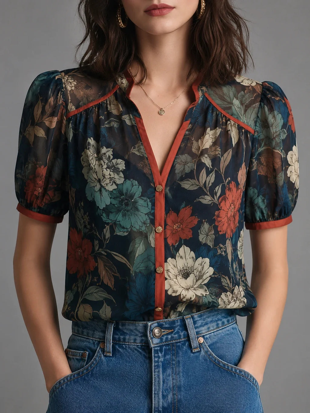 Blusa vintage con estampado botánico