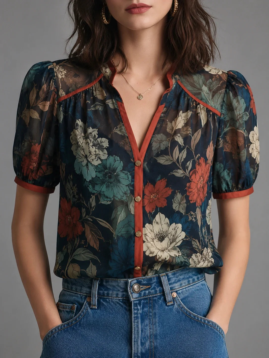 Blusa vintage con estampado botánico