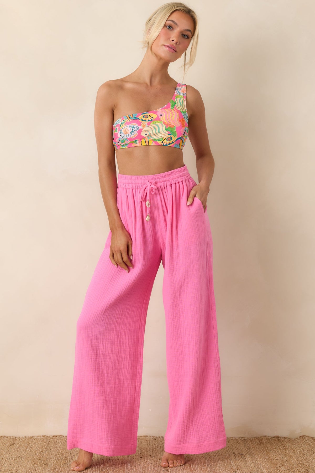 Pantalones de algodón rosas de pierna ancha con cordón Paradisa Dunedin