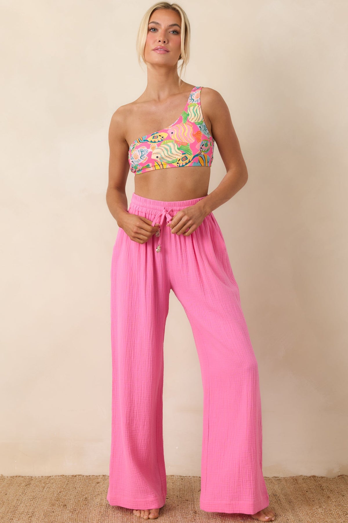 Pantalones de algodón rosas de pierna ancha con cordón Paradisa Dunedin