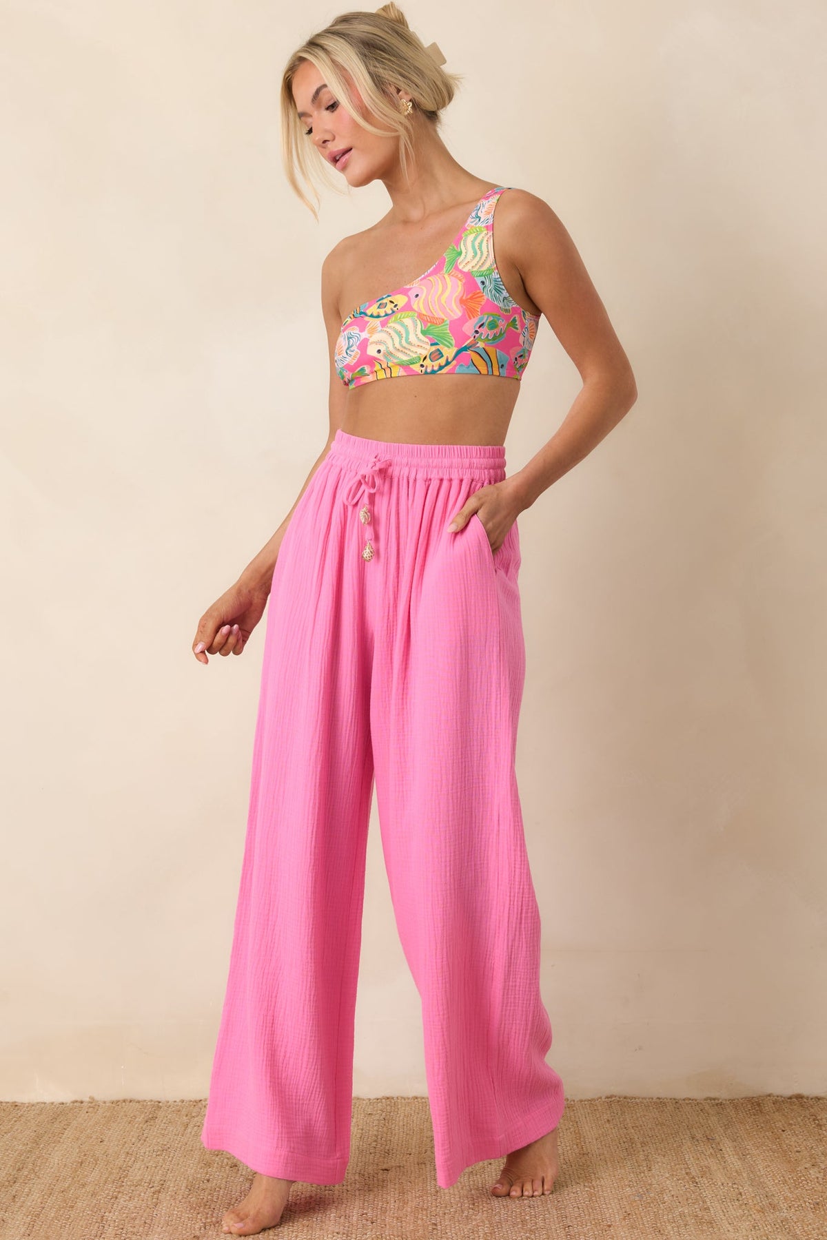 Pantalones de algodón rosas de pierna ancha con cordón Paradisa Dunedin