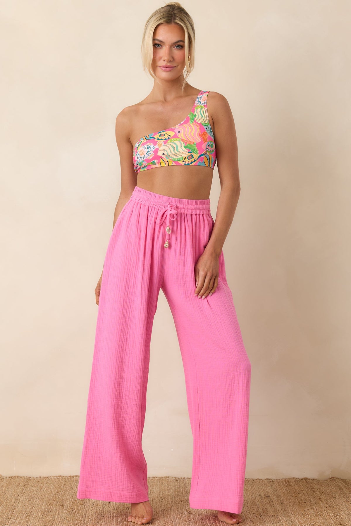 Pantalones de algodón rosas de pierna ancha con cordón Paradisa Dunedin
