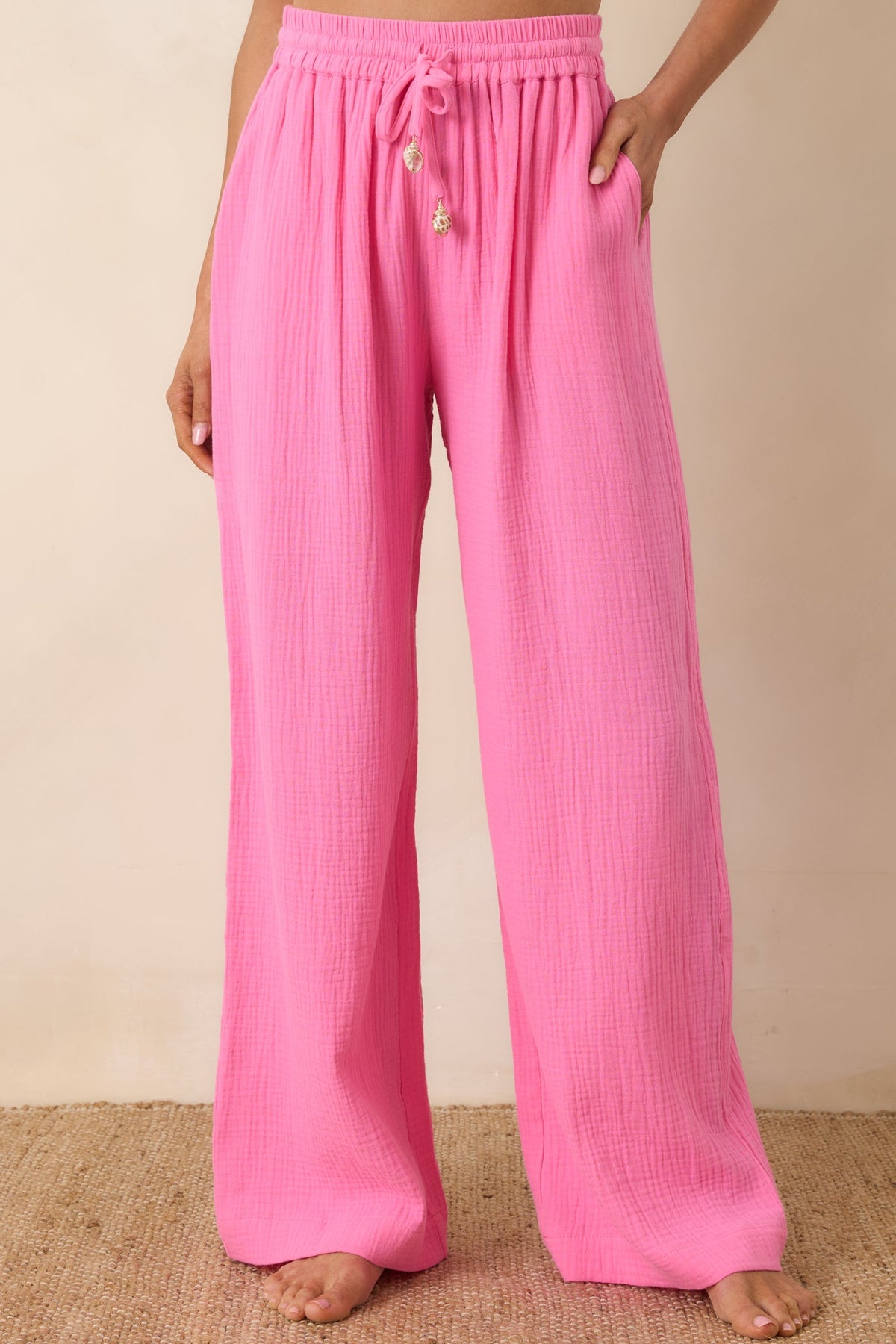 Pantalones de algodón rosas de pierna ancha con cordón Paradisa Dunedin