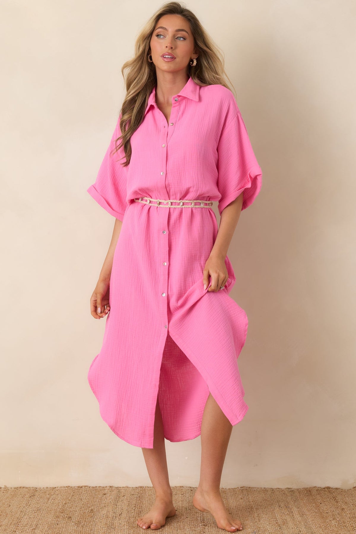 Vestido camisero rosa de algodón con cinturón Paradisa St. Augustine