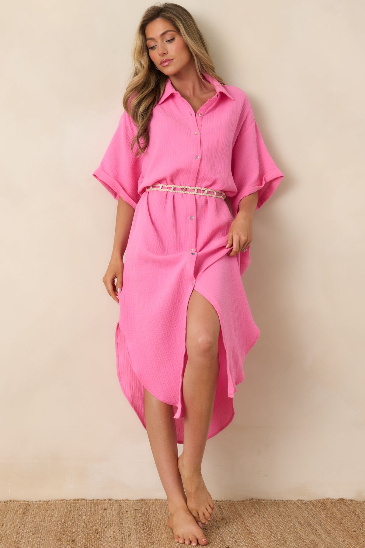 Vestido camisero rosa de algodón con cinturón Paradisa St. Augustine
