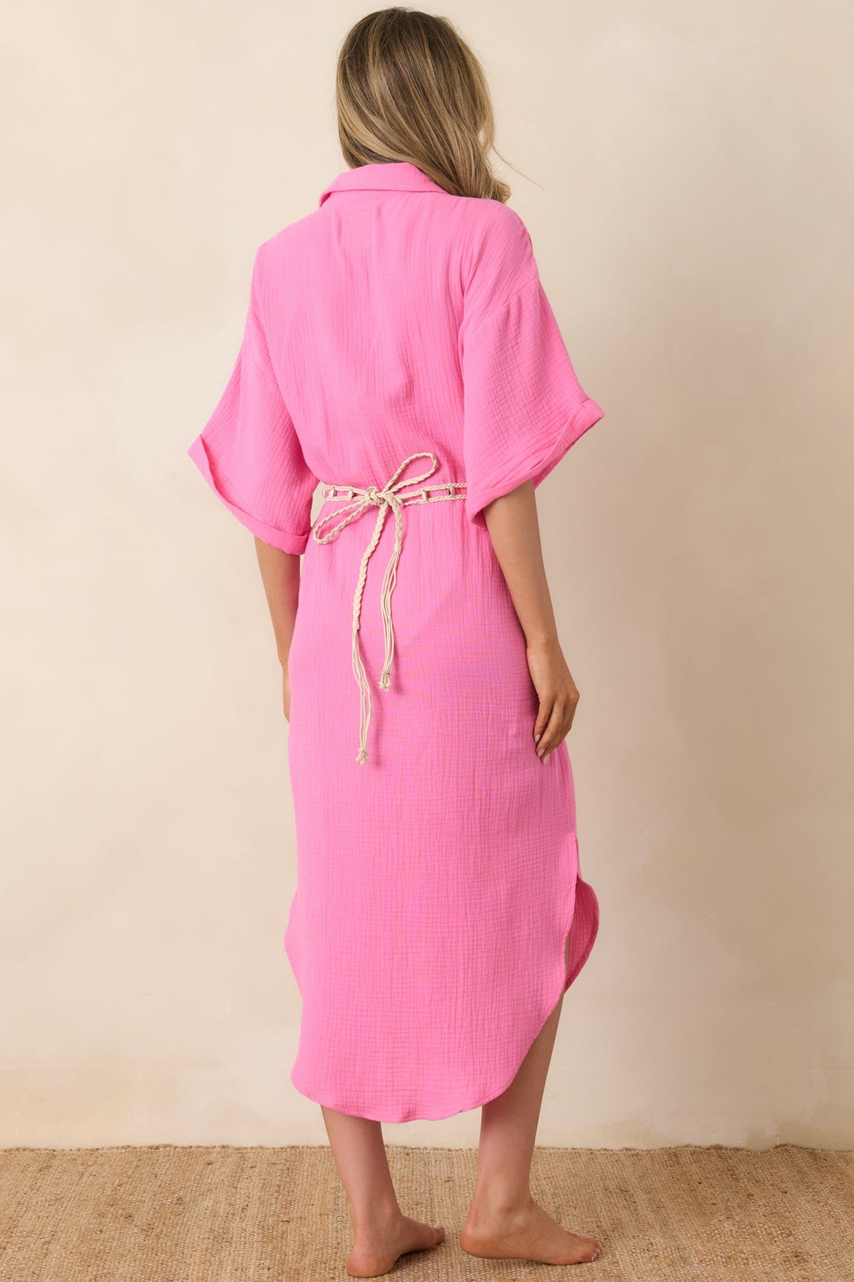 Vestido camisero rosa de algodón con cinturón Paradisa St. Augustine