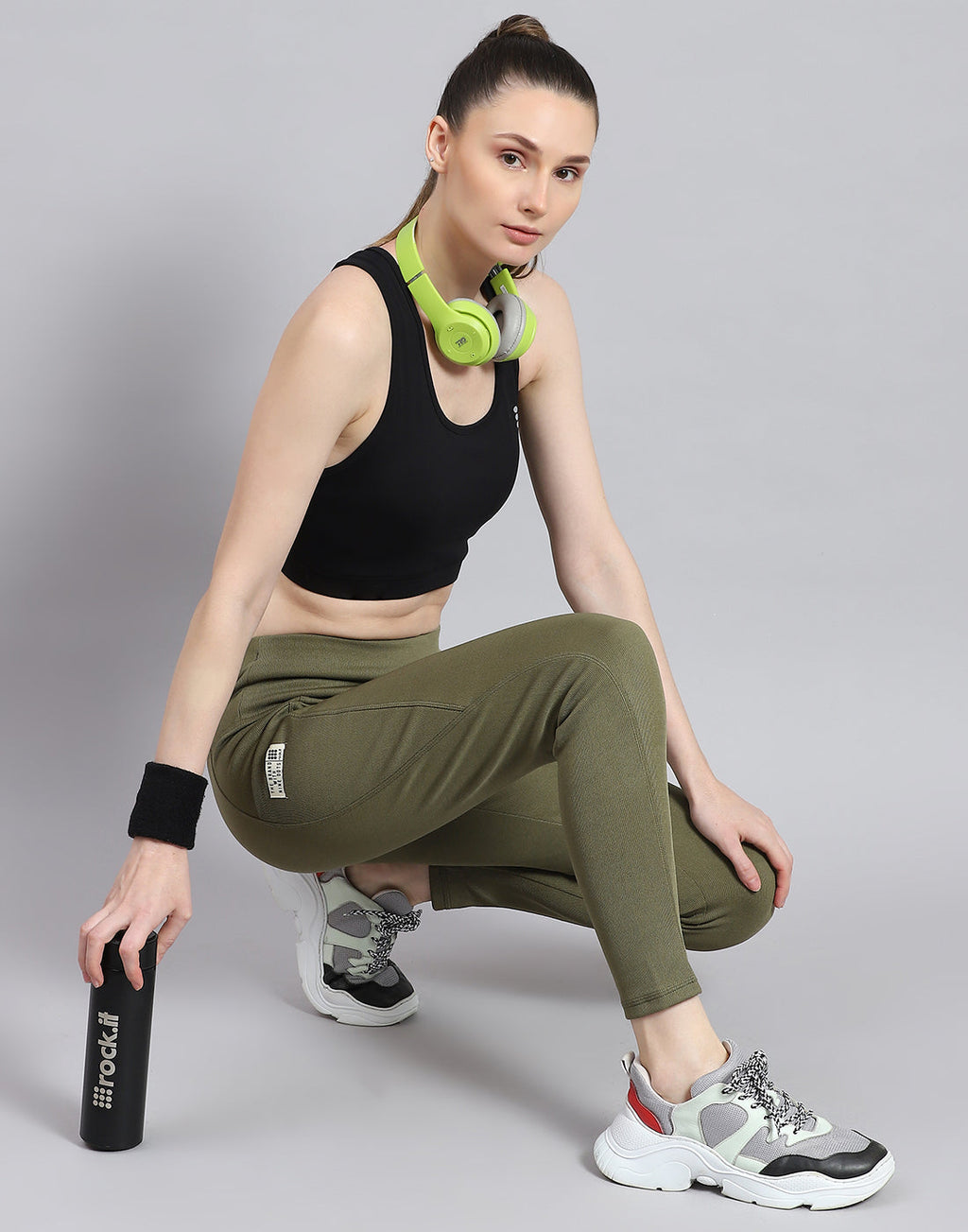 Leggings verdes lisos de corte regular para mujer Rock.it