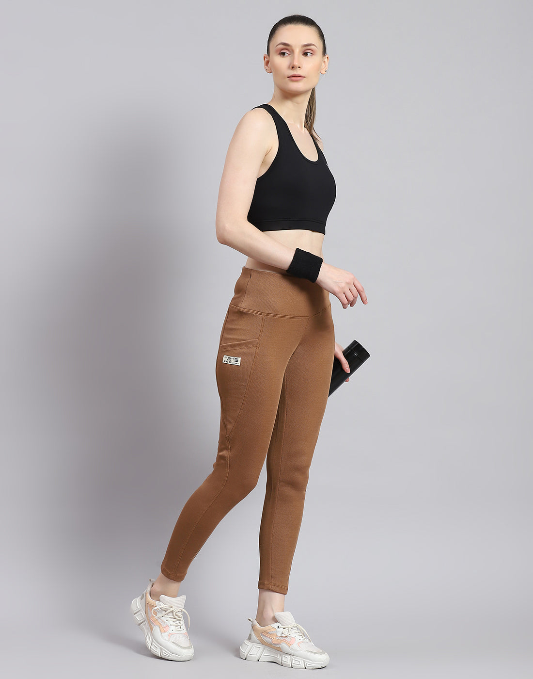 Leggings de corte regular para mujer Rock.it, color camel marrón liso