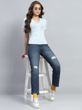 Jeans de mezclilla azules para mujer, de corte recto y ligeramente desgastados