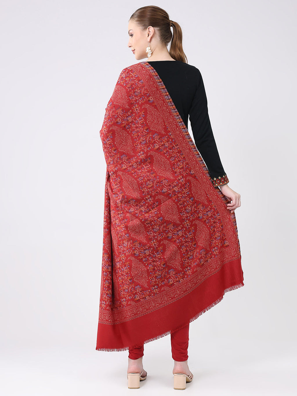 Chal de lana granate con diseño estampado para mujer