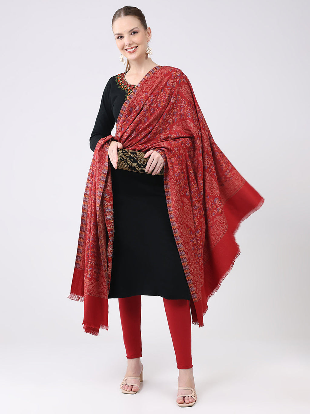 Chal de lana granate con diseño estampado para mujer