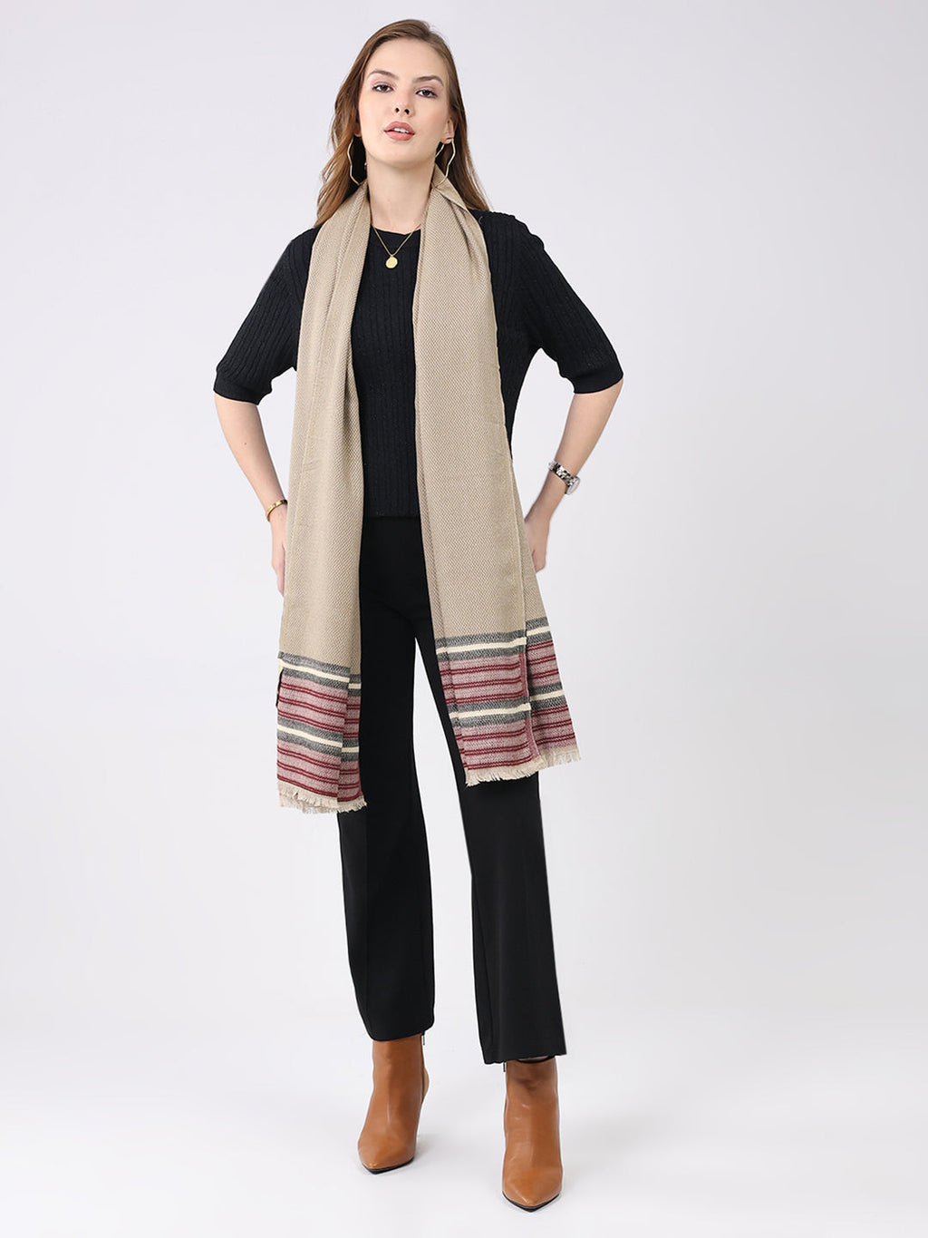 Estola de lana beige con diseño estampado para mujer