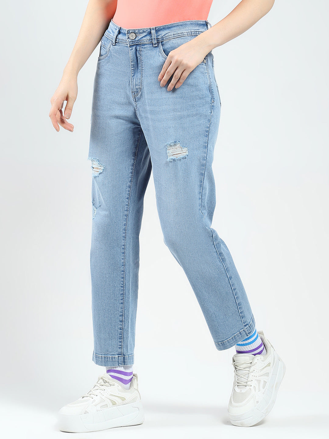 Jeans de mezclilla clásicos para mujer, azules lisos y de corte recto