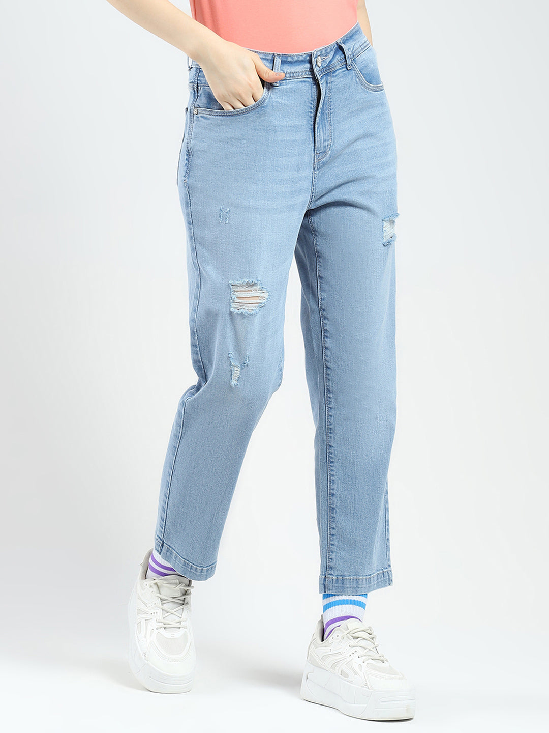 Jeans de mezclilla clásicos para mujer, azules lisos y de corte recto