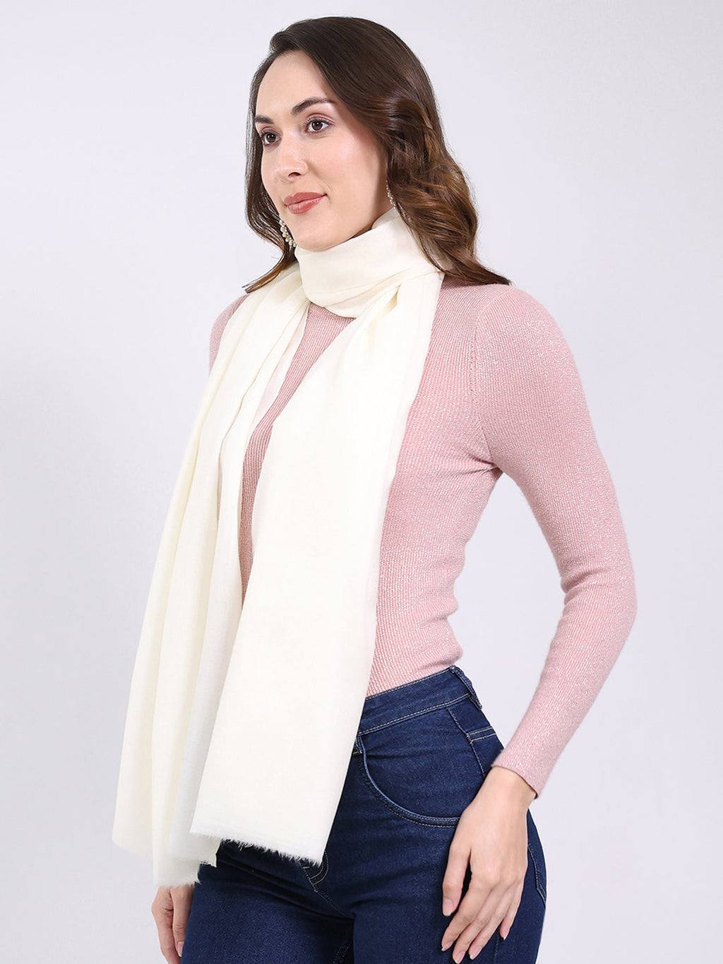 Chal blanco liso de mezcla de lana para mujer