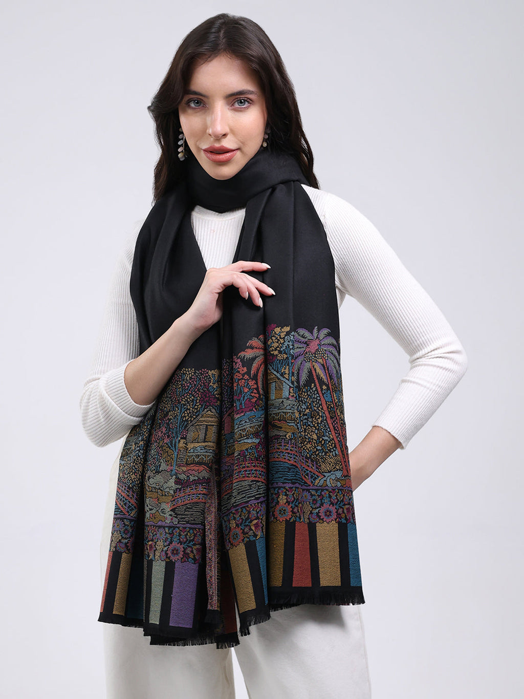 Chal de mezcla de lana estampado negro para mujer