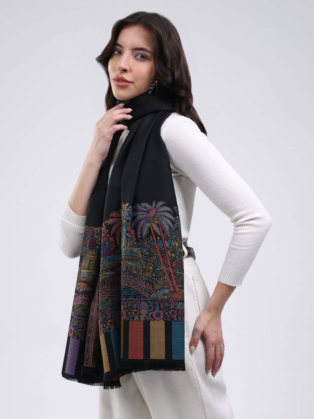 Chal de mezcla de lana estampado negro para mujer