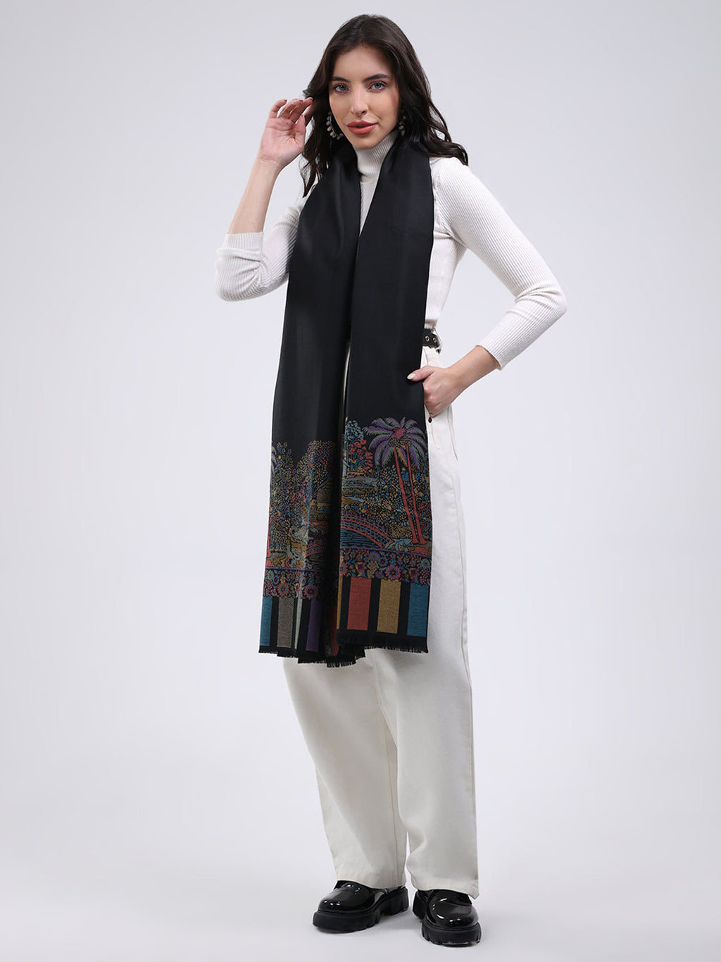 Chal de mezcla de lana estampado negro para mujer