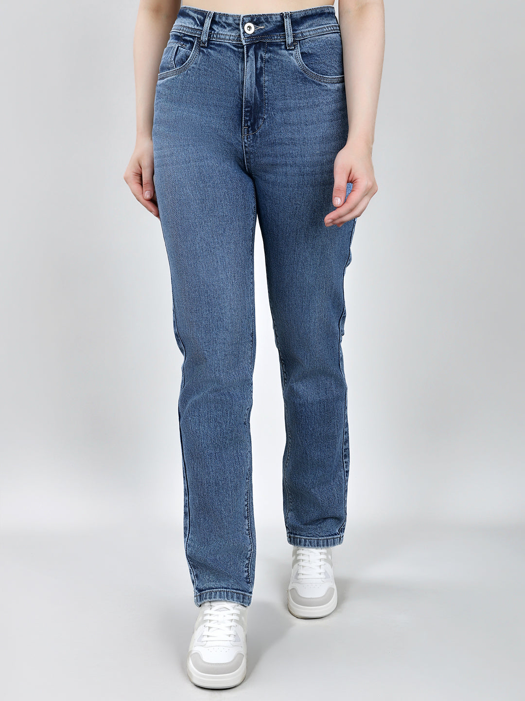 Jeans de mezclilla azules lisos de corte recto para mujer