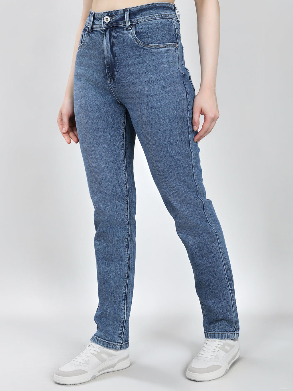 Jeans de mezclilla azules lisos de corte recto para mujer