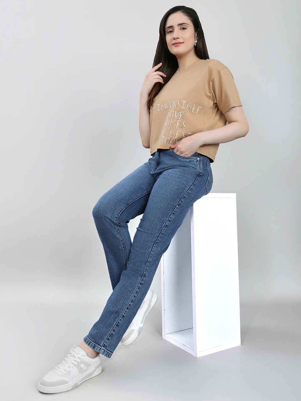 Jeans de mezclilla azules lisos de corte recto para mujer