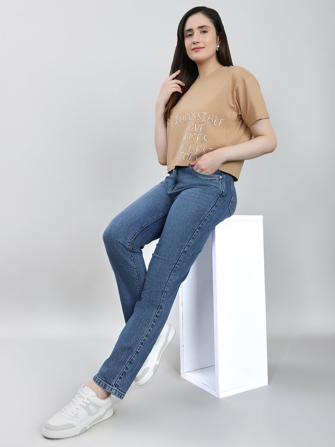 Jeans de mezclilla azules lisos de corte recto para mujer