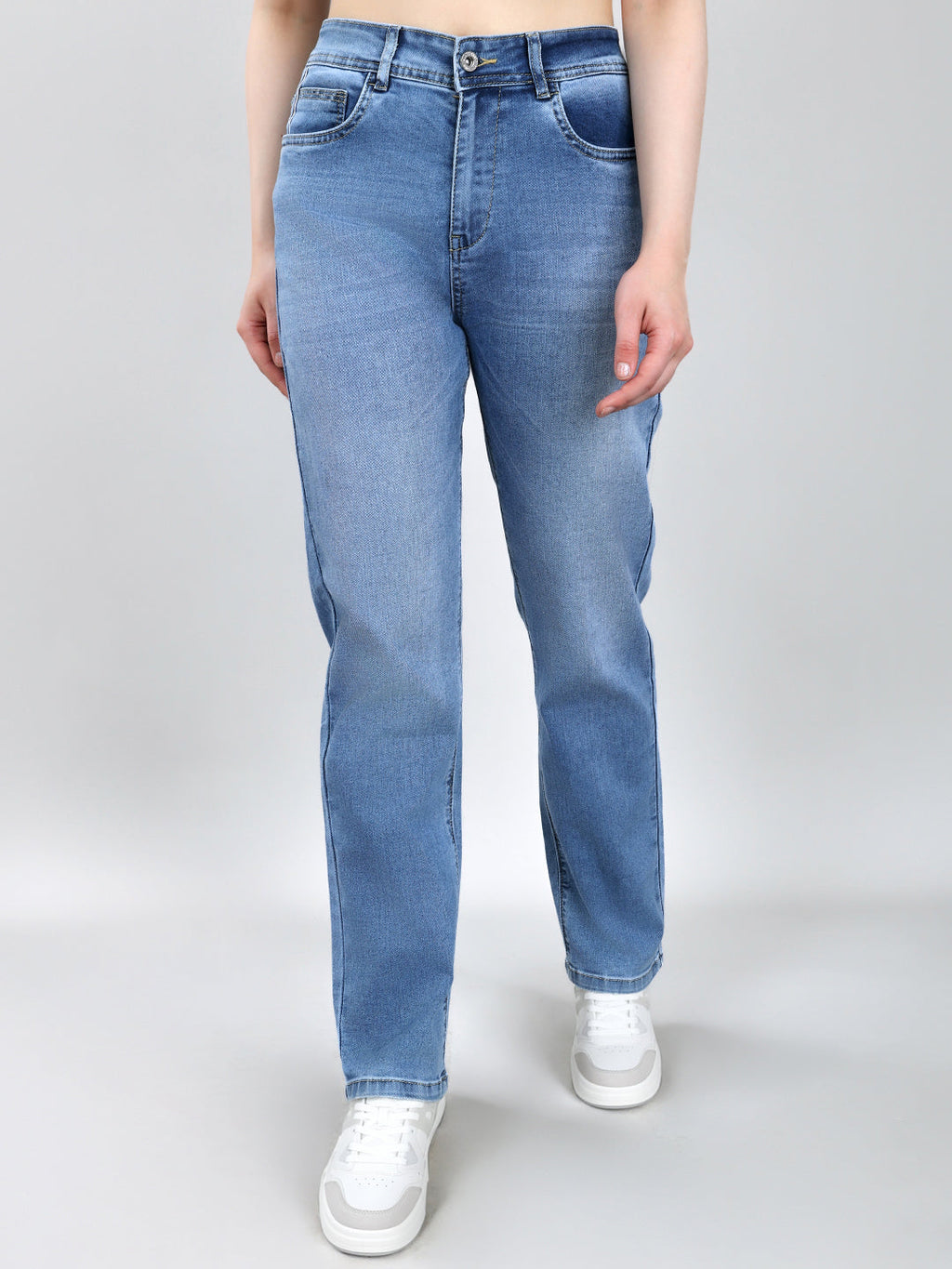 Jeans de mezclilla para mujer, lisos, azul claro y de pierna recta
