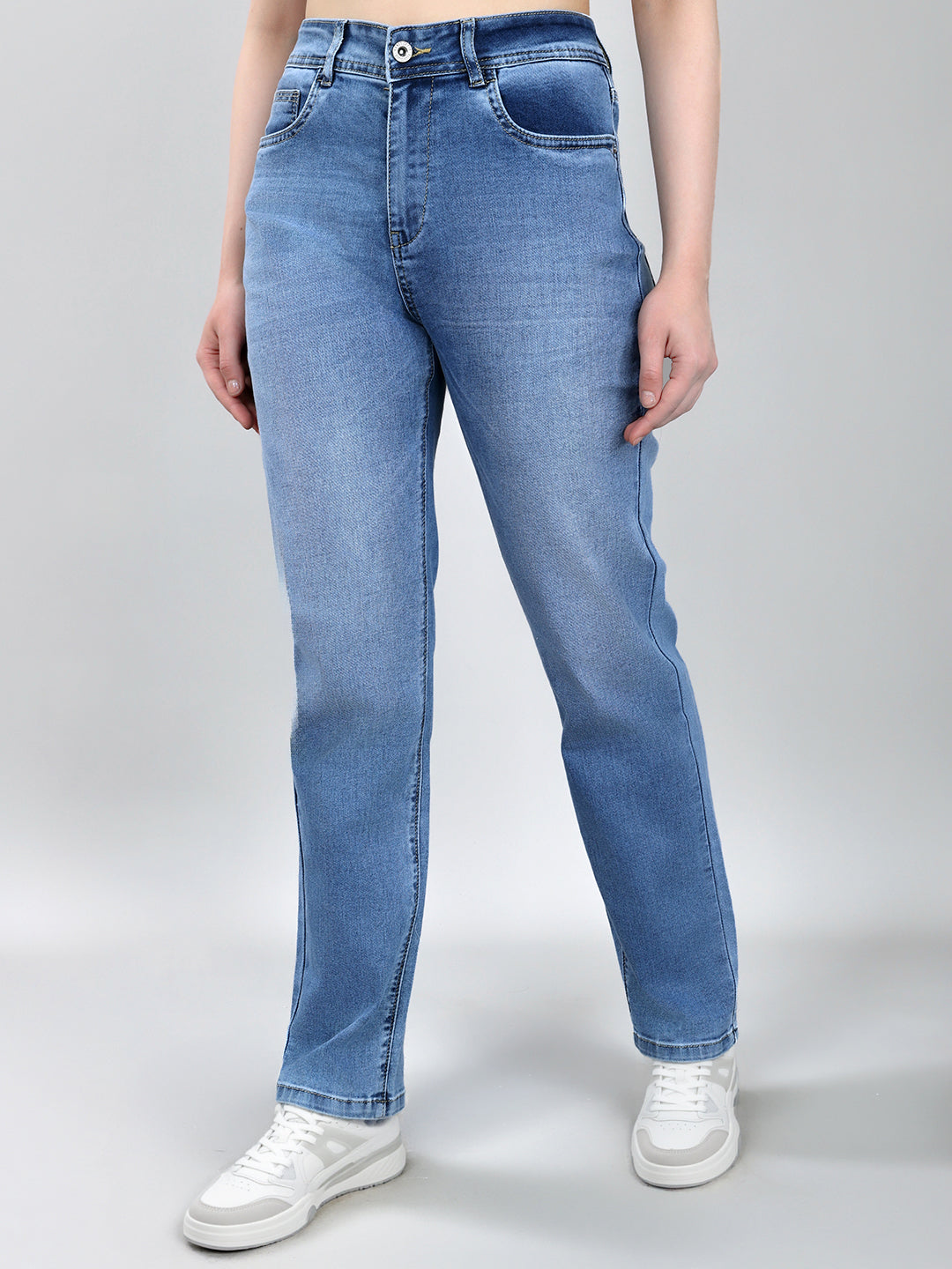 Jeans de mezclilla para mujer, lisos, azul claro y de pierna recta