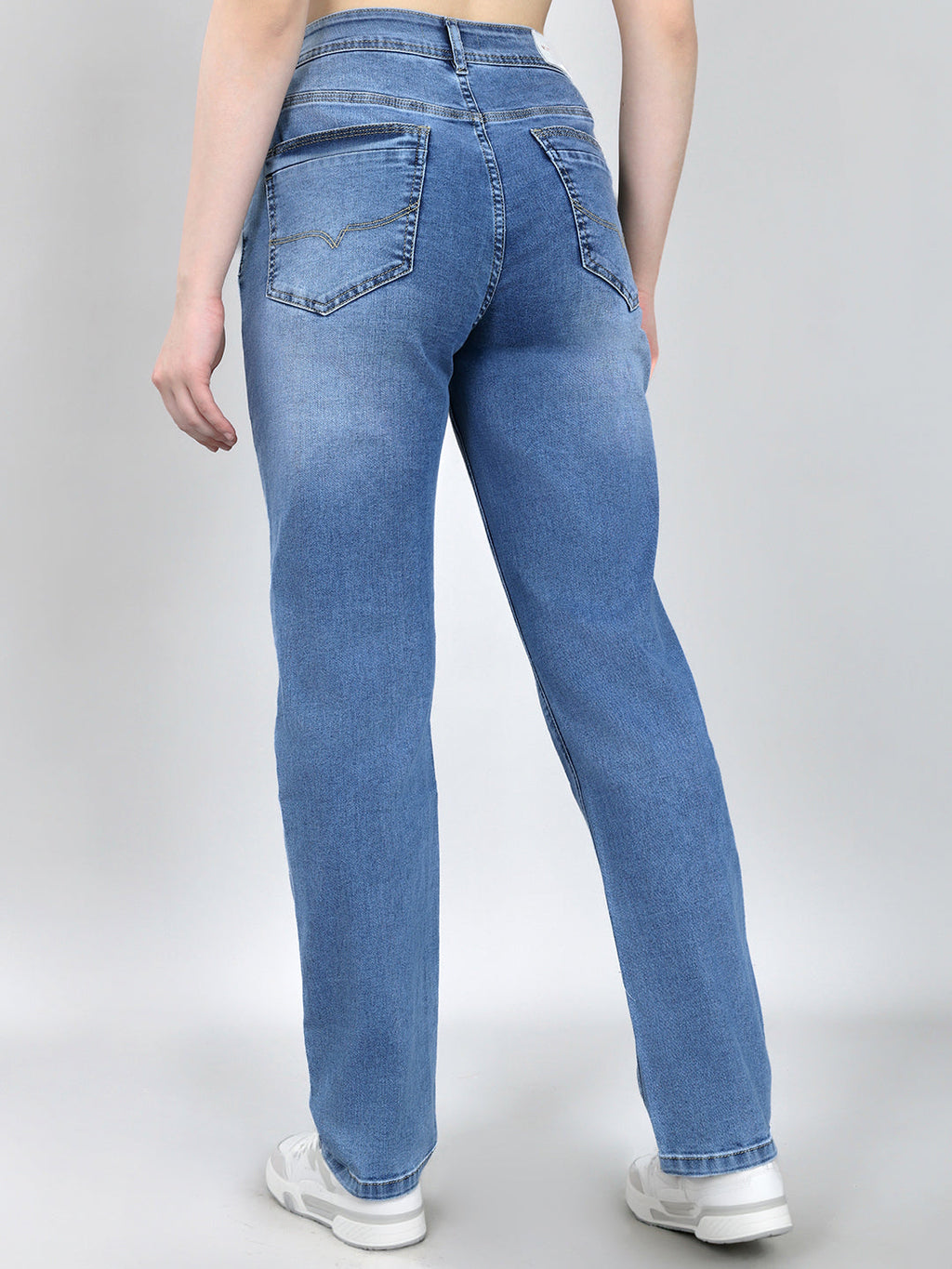 Jeans de mezclilla para mujer, lisos, azul claro y de pierna recta