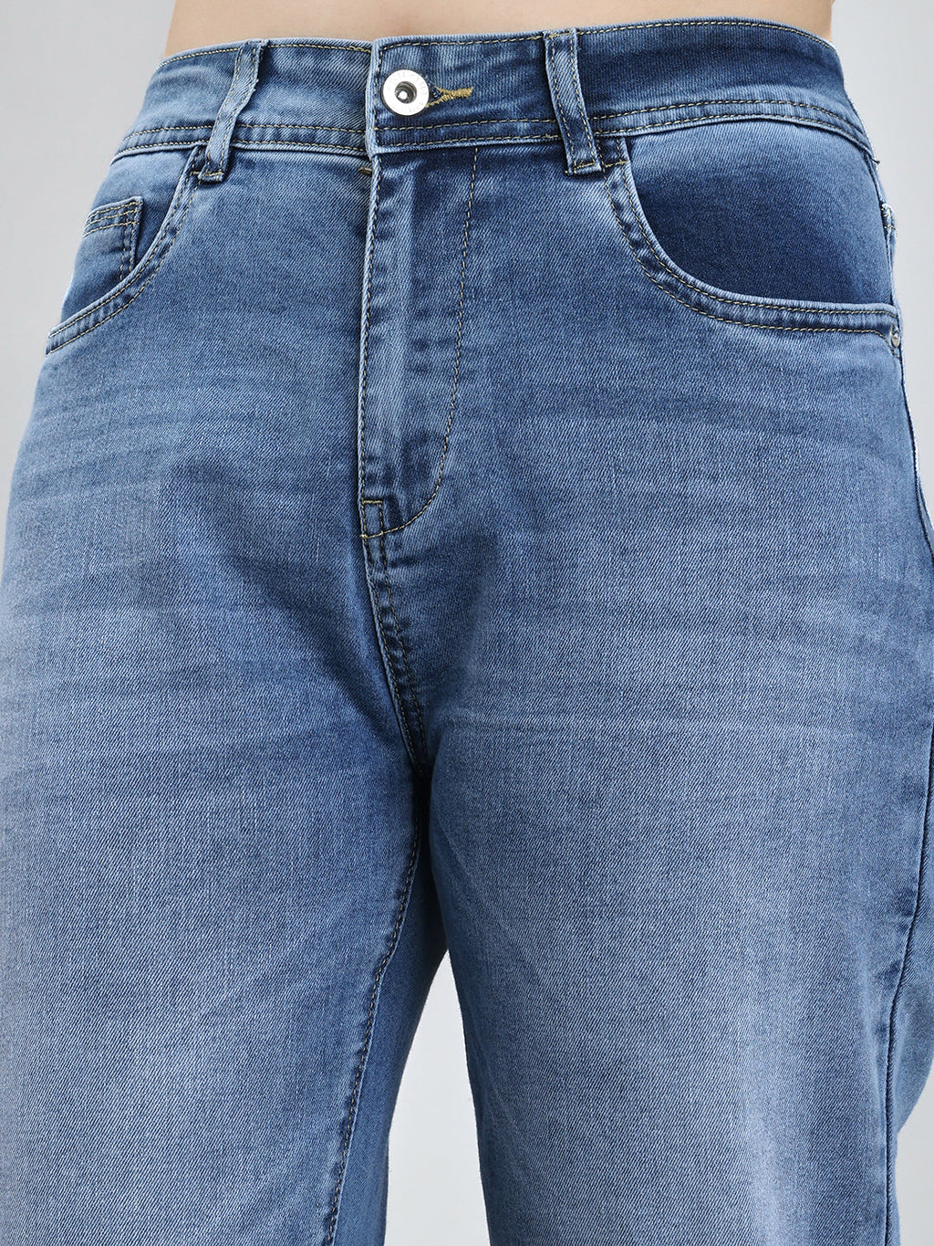Jeans de mezclilla para mujer, lisos, azul claro y de pierna recta