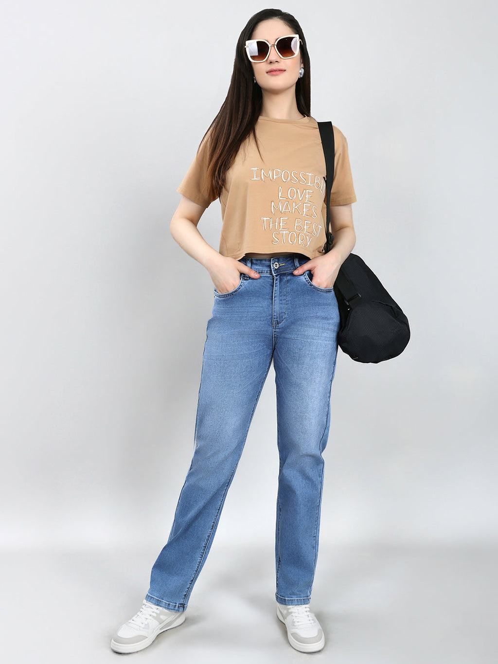 Jeans de mezclilla para mujer, lisos, azul claro y de pierna recta