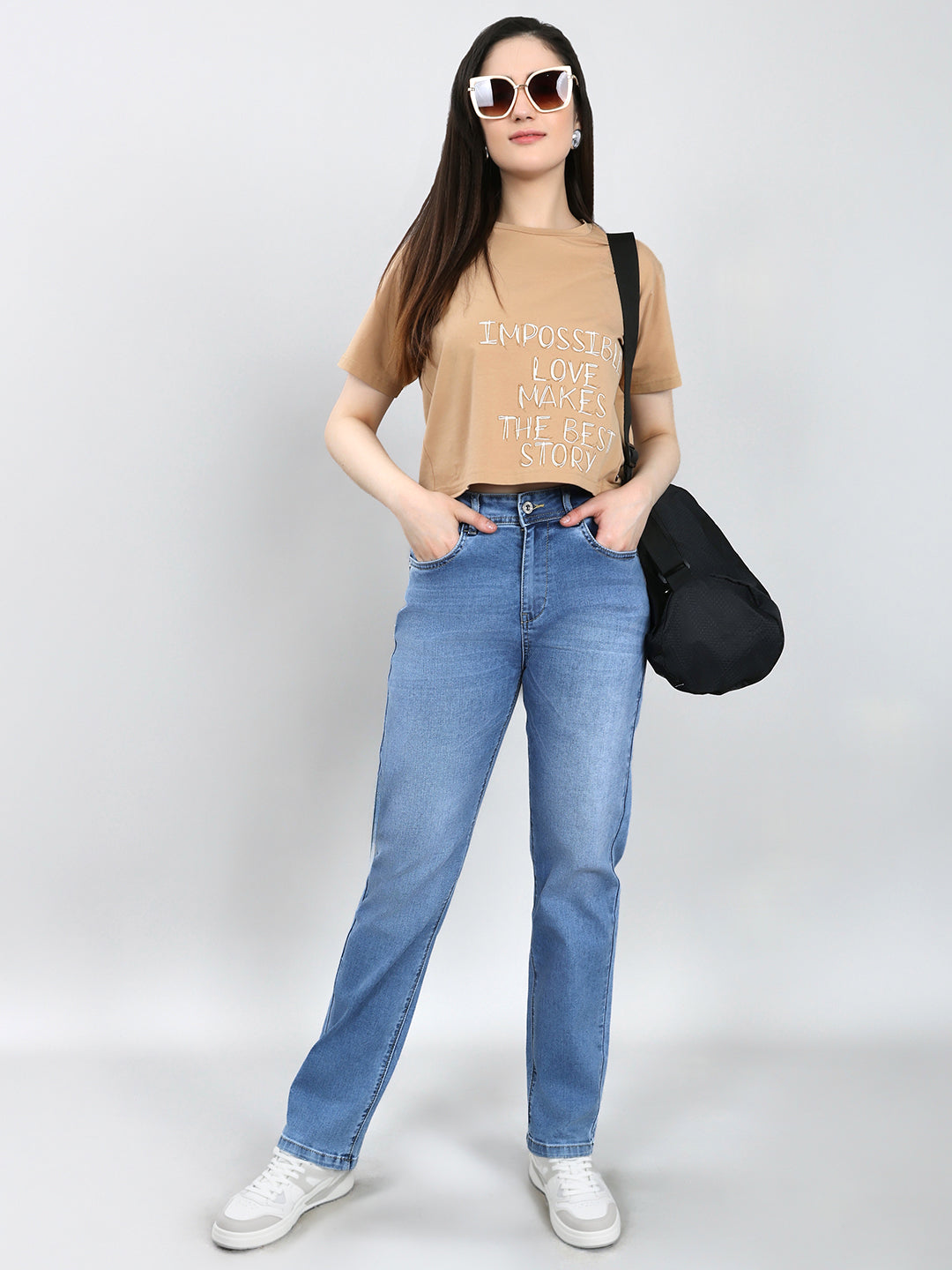 Jeans de mezclilla para mujer, lisos, azul claro y de pierna recta